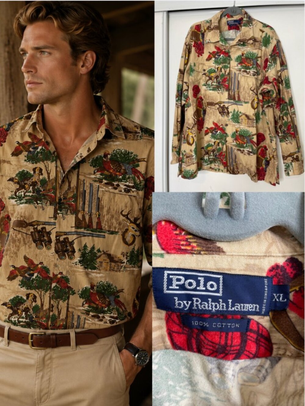 Vintage Polo Ralph Lauren Hunting Scene Pheasant Dog Print Shirt XL